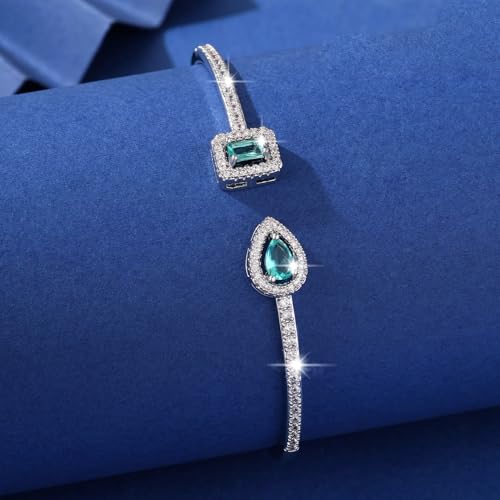 Elegant Versatile Youthful Bracelet, Delicate Water Drop & Square Stone Cuff Bangle for Women - color: Silver-Green, size: One Size