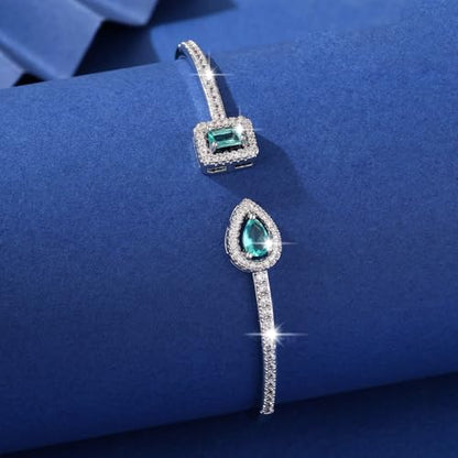 Elegant Versatile Youthful Bracelet, Delicate Water Drop & Square Stone Cuff Bangle for Women - color: Silver-Green, size: One Size