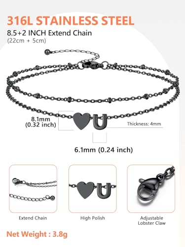 Ankle Bracelets for Women Waterproof 14K Gold/Silver/Black Initial Anklet for Women Dainty Layered Heart Ankle Bracelets Stainless Steel Adjustable Foot Chain Anklet Summer Beach Jewelry - color: U-Black