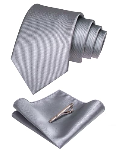 JEMYGINS Solid Color Formal Necktie and Pocket Square Tie Clip Sets for Men - color: Grey