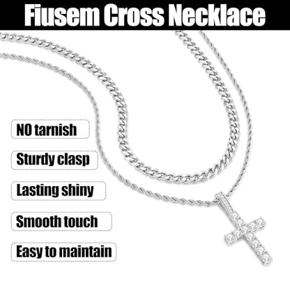 Fiusem Layered Cross Necklace for Men, Stainless Steel Cuban and Rope Chain | Silver Tone/14K Gold Plated Mens Necklace Chain with Cubic Zirconia Cross Pendant - color: Silver, size: 16/18 inches