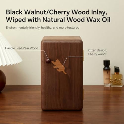 Black Walnut Solid Wood Cabinet Jewelry Box, Large | Women, Velvet Lined Organizer, 6 Drawers, Cherry Wood Cat Inlays, Rosewood Handles - size: cat