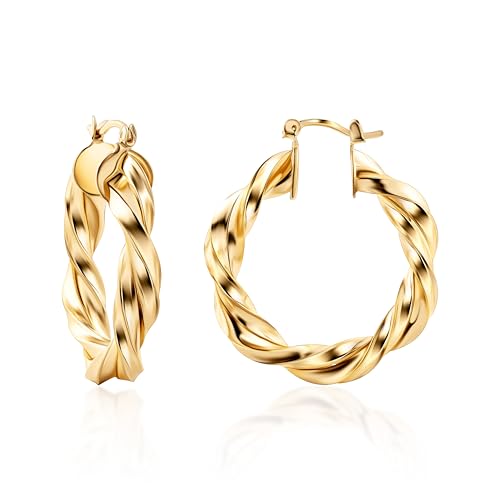 Barzel 18K Gold Plated Twisted Hoop Earrings Intertwined Earrings, 5 mm Thick x 40 mm Length, Gold Plated Hoop Earrings High Polish Finish, Made in Brazil