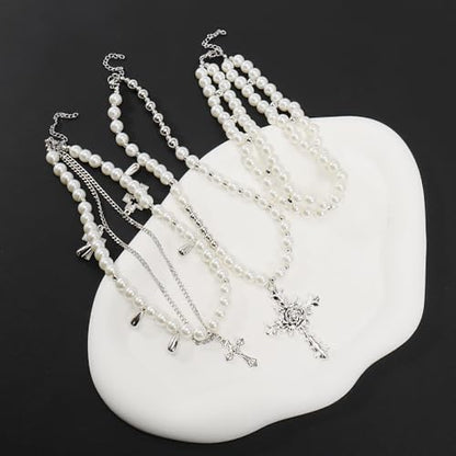 Bocar Gothic Cross Layered Pearl Necklace Chunky Statement Stacked Necklace Y2K Silver Layered Necklace for Women (NK-10769) - color: set