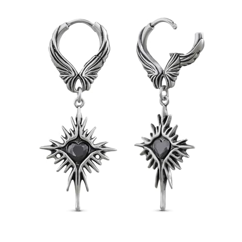 PUNKYOUTH Gothic Crest Dangle Drop Hoop Earrings Dark Alternative Piercing Jewelry 18G 1mm Antique Finish Ornate Scroll Cubic Zirconia Spike Statement Everyday Wear Accessories For Women Men - color: Winged Heartburst Earring-Silver