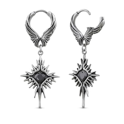 PUNKYOUTH Gothic Crest Dangle Drop Hoop Earrings Dark Alternative Piercing Jewelry 18G 1mm Antique Finish Ornate Scroll Cubic Zirconia Spike Statement Everyday Wear Accessories For Women Men - color: Winged Heartburst Earring-Silver