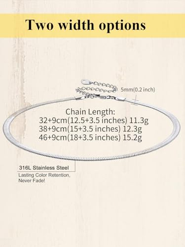 ChainsHouse Flat Snake Chain Herringbone Choker Necklace for Women, Stainless Steel/Rose Gold/18K Gold Plated Dainty Adjustable Simple Short Layered Necklaces, 12"/15"/18" with 3.5" Extender - color: a. stainless-5mm