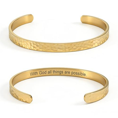 Inspirational Bible Verse Cuff Bracelet for Women, 18K Gold Plated Hammered Bangle, Christian Faith Jewelry Gift, Adjustable Non Tarnish - color: With God all things are possible-Hammered Gold