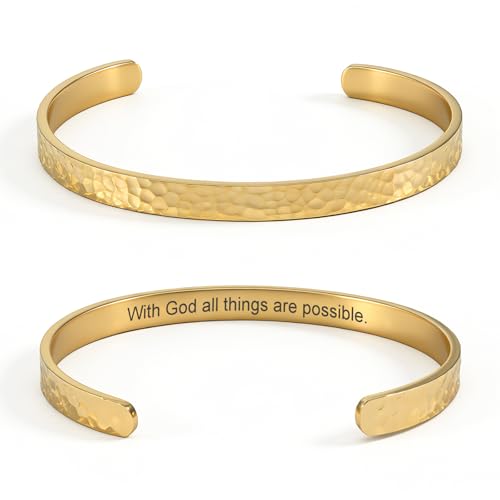 Inspirational Bible Verse Cuff Bracelet for Women, 18K Gold Plated Hammered Bangle, Christian Faith Jewelry Gift, Adjustable Non Tarnish - color: With God all things are possible-Hammered Gold