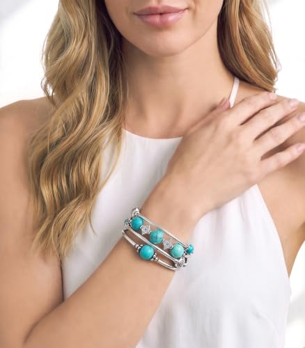 Beaded Pearl Bangle Wrap Bracelet - Fashion Bohemian Jewelry Multilayer Charm Bracelet with Thick Silver Metal Beads, Gift For Women - color: Turquoise