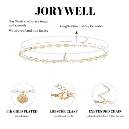 14K Gold Plated Waist Chain for Women Layered Waist Beads Belly Chain Belt, Waterproof Summer Beach Body Jewelry for Bikini, Festival Vacation Accessories for Women - style: Conch Beads
