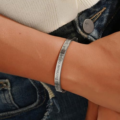 Inspirational Christian Bracelet for Women, Oval Engraved Bible Verse Love Bangle Cuff, Faith Scripture Jewelry, Religious Encouragement Gift for Mom Daughter Sister Friend - color: Beautiful g, you can do amazing things.-Oval Bangle Silver