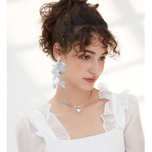 Handmade Bohemian Lightweight Fabric Flower Dangle Drop Earrings Chic Pearl Large Tassel Petal Stud Earrings For Women - color: White