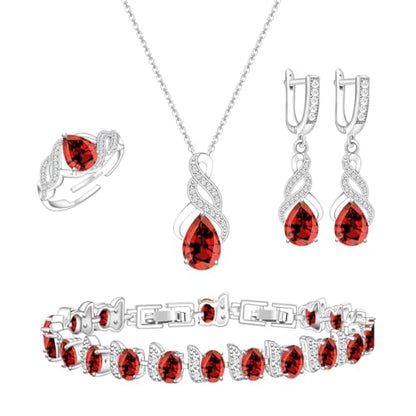 LMXXVJ Jewelry Set for Women,Teardrop Cubic Zirconia Necklace Earrings Adjustable Ring Bracelet Jewelry Set Formal Jewelry Gift - color: MHSD-White Gold-Garnet