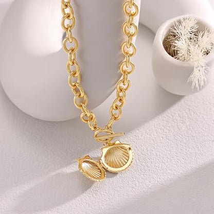 CHESKY 14K Gold Plated Chunky Necklace for Women, Trendy Toggle Clasp | Statement Pendant Necklace, Layered Paperclip Chain, Toggle Clasp Design, Thick Gold Chain, Non Tarnish Everyday Jewelry - color: gold, style: shell