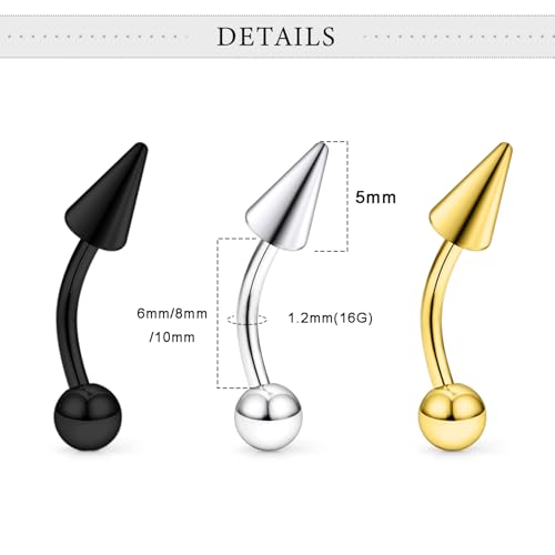 18Pcs Angel Bites Piercing Jewelry Surgical Steel Vertical Labret Lip Jewelry 16G Snake Bites Piercing Jewelry Curved Barbell Long Spike Eyebrow Rings for Women Men Bar Length 6mm/8mm/10mm - style: spike length 5mm