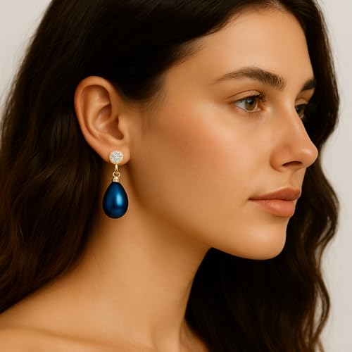Pearl Clip on Earrings for Women - 14K Gold Silver Plated Cubic Zirconia Non Pierced Ear Clips Jewelry Gifts for Wedding Bridal Party Gifts - color: Dark Blue-10mm