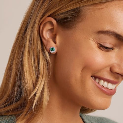 Dainty Birthstone Earrings for Women Sterling Silver Small Stud Earrings with Halo Cushion/Round Created Gemstone Earrings Birthstone Jewelry - style: A 05. May/created emerald-cushion cut
