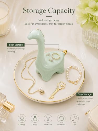 Ring Holder Dinosaur Jewelry Dish, Ceramic Dino Trinket Tray for Rings Earrings Necklace Bracelet, Animal Organizer for Vanity Nightstand Bathroom - color: Dinosaur