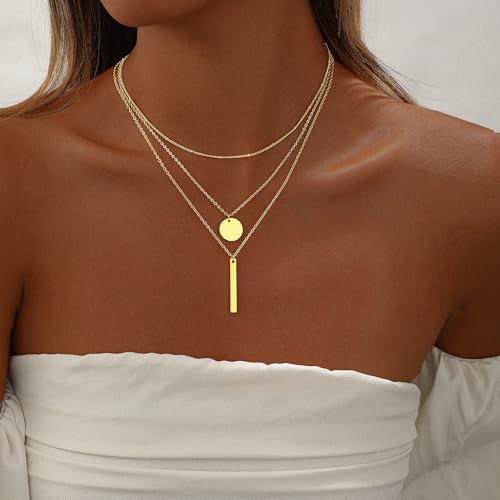 Gold Necklace for Women 14K Gold Plated Layered Cross Bar Necklace Herringbone Figaro Paperclip Flat Chain Cute Charm Accessories Non Tarnish Jewelry Set Gifts for Women - style: R-NK-07-Disc bar-GD