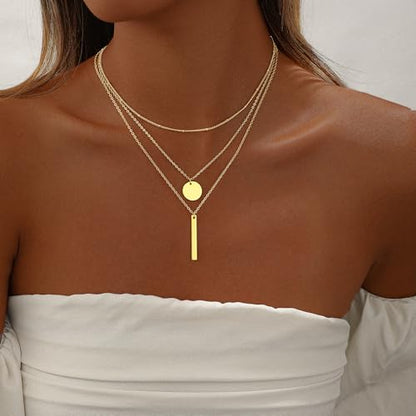 Gold Necklace for Women 14K Gold Plated Layered Cross Bar Necklace Herringbone Figaro Paperclip Flat Chain Cute Charm Accessories Non Tarnish Jewelry Set Gifts for Women - style: R-NK-07-Disc bar-GD
