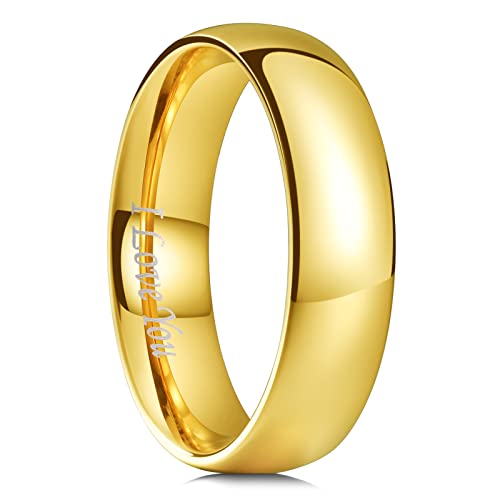 King Will 316L Stainless Steel Wedding Band for Men Women Size 4-15 | 2-8mm Width, Black/Sliver/Gold Plated, Laser I Love You, High Polished, Dome Style, Promise Ring Comfort Fit Promise Gift - color: B-Gold-Plated-6mm