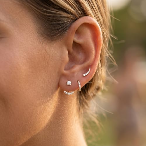 Gelbesty Gold Stud Earrings Set for Women, 3 Pairs Huggie Hoop Jacket Studs Earring Stacks - color: Gold