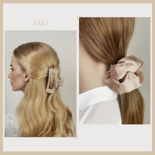 8pcs Hair Claws and Scrunchies – 4 Square Hair Clips for Women, 4 Satin Hair Scrunchies for Thick Thin Hair, Non-Slip Matte Hair Claws, Back to School Accessories, Daily Use - Beige & Brown - color: Apricot and Coffee Duo
