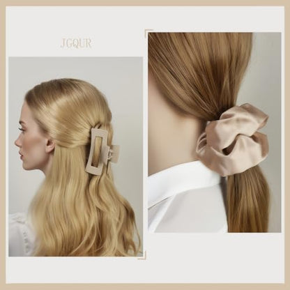 8pcs Hair Claws and Scrunchies – 4 Square Hair Clips for Women, 4 Satin Hair Scrunchies for Thick Thin Hair, Non-Slip Matte Hair Claws, Back to School Accessories, Daily Use - Beige & Brown - color: Apricot and Coffee Duo