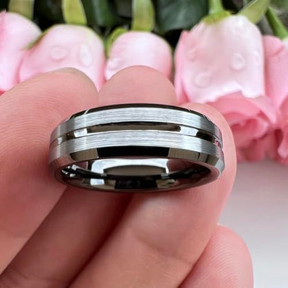 TUTISS 6mm 8mm Silver/Black/Blue/Gunmetal/Gold/Rose Gold Tungsten Rings for Men Women Fashion Engagement Wedding Bands Matte Finish Beveled Edges Comfort Fit - color: 6mm Gunmetal Brushed