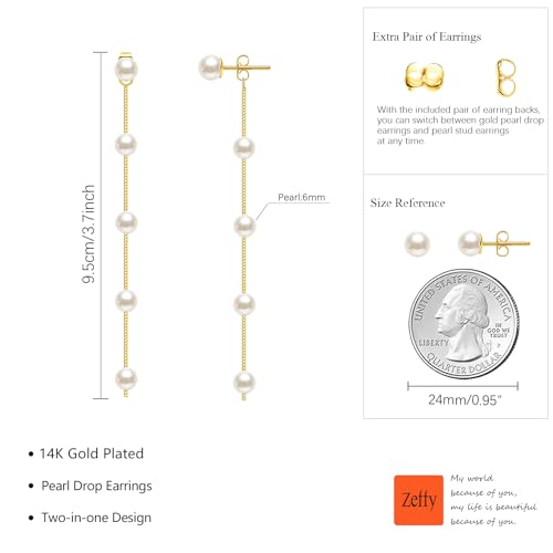 Pearl Earrings for Women 14k Gold/Silver Pearl Drop Earrings Long White Pearl Tassel Dangle Statement Earrings Bridal Wedding Dainty Prom Earrings Birthday Gifts Jewelry - color: 6MM Gold Pearl Drop Earrings