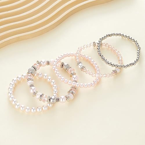 Noessla Beaded Pearl Stretch Bracelet Silver Stackable Crystal Beads Bracelets Trendy Costume Jewelry Mothers Day Gifts for Women - color: Pink