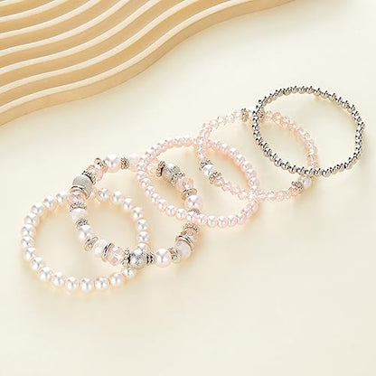 Noessla Beaded Pearl Stretch Bracelet Silver Stackable Crystal Beads Bracelets Trendy Costume Jewelry Mothers Day Gifts for Women - color: Pink
