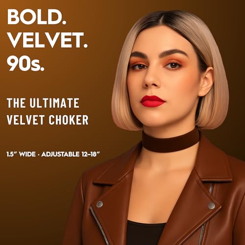 Velvet Choker for Women, Wide 1.5" 90s Ribbon Adjustable 12–18" with Stainless Steel Clasp, Soft Skin-Friendly Velvet — Black - color: Brown
