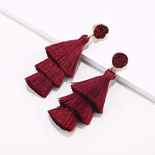 Bohemian Tiered Tassel Earrings with Druzy Stud for Women | Long Layered Fringe Drop Earrings, Statement Jewelry for Party Beach Festival - color: Burgundy Color