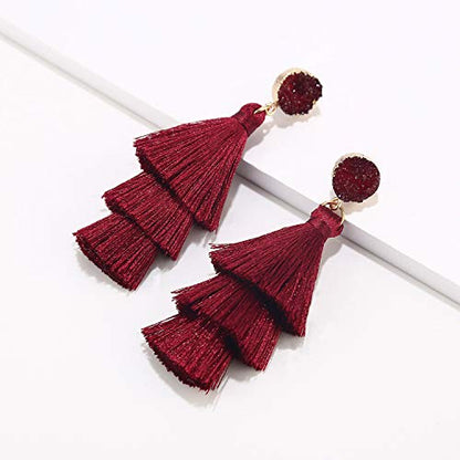 Bohemian Tiered Tassel Earrings with Druzy Stud for Women | Long Layered Fringe Drop Earrings, Statement Jewelry for Party Beach Festival - color: Burgundy Color