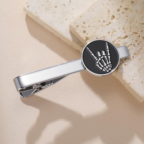 Dreamtimes Rock Skull Hand Tie Clip Halloween Shirt Tie Clips Figurine Sign Language Tie Clip Rock On Hand Gesture Stainless Steel Novelty Tie Accessory for Men - style: Style 2-S