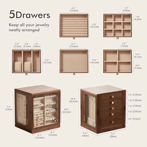Rotating Black Walnut Wooden Jewelry Box for Women, 5 Layer | 360° Rotatable, 5 Drawers, Rings, Necklaces, Earrings & Bracelets, Large Storage Case, Gift for Her - size: 5 Layer(7.9"D x 9.4"W x 10.4"H)