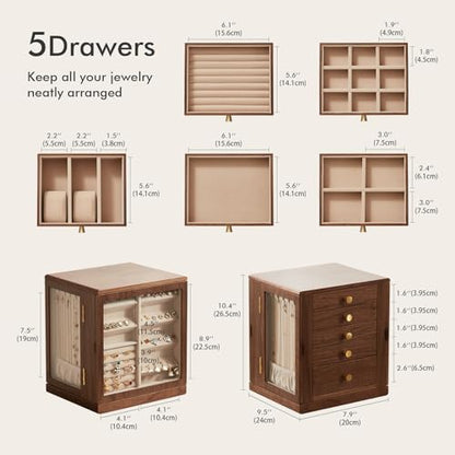 Rotating Black Walnut Wooden Jewelry Box for Women, 5 Layer | 360° Rotatable, 5 Drawers, Rings, Necklaces, Earrings & Bracelets, Large Storage Case, Gift for Her - size: 5 Layer(7.9"D x 9.4"W x 10.4"H)