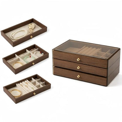 3 - Layer Wooden Drawers Jewelry Box for Women, Jewelry Organizer with Acrylic Cover & Velvet Lining - Adjustable Compartments for Earrings, Rings, Necklaces, Bracelets, Lipstick - size: 10"D x 4.5"W x 6.8"H