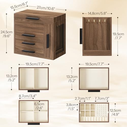 HOOBRO Jewelry Box with Mirror, Wooden Jewelry Organizer Box with Side Clear Acrylic Panel, Large Jewelry Case for Earrings, Necklaces, Rings, Watches, Walnut BH22JB04