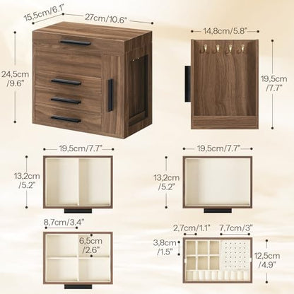 HOOBRO Jewelry Box with Mirror, Wooden Jewelry Organizer Box with Side Clear Acrylic Panel, Large Jewelry Case for Earrings, Necklaces, Rings, Watches, Walnut BH22JB04