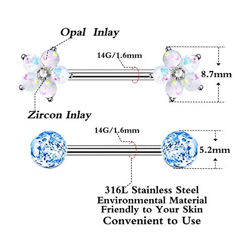 14G Opal Flower CZ Nipple Barbell Nipple Ring Piercing Jewelry for Women - color: white blue