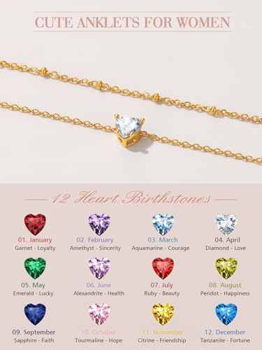 FindChic Bling Heart Birthstone Anklets Layered Beaded Ankle Bracelets for Women Gold/Black/Silver 12 Month Gem Colors Foot Chain Summer Jewelry for Girls, with Gift Box - color: Gold, style: 04. Apr.-Created Diamond(Prong Setting)