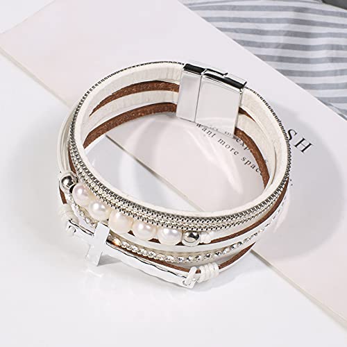 Vercret Leather Wrap Bracelet for Women, Multi-Layer Cuff Bangle | Boho Stacked Bracelets with Safe Clasp Western Bangle Jewelry Gift for Lady and Mom Sister Friend - style: Pearl Cross White