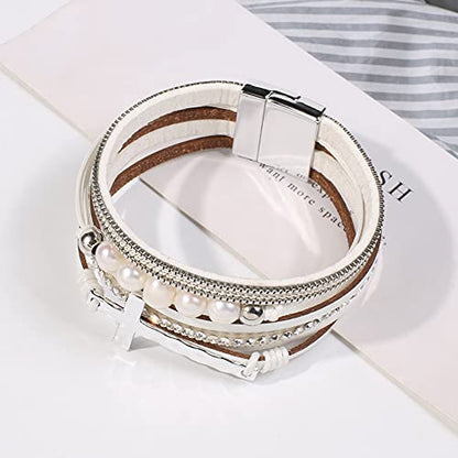 Vercret Leather Wrap Bracelet for Women, Multi-Layer Cuff Bangle | Boho Stacked Bracelets with Safe Clasp Western Bangle Jewelry Gift for Lady and Mom Sister Friend - style: Pearl Cross White