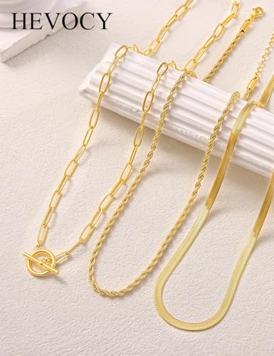 Layered Toggle Necklace for Women, 3-Chain Stack | Gold/Silver-plated necklace set with paperclip, rope, and herringbone chains plus a toggle clasp for daily wear and parties - color: Gold