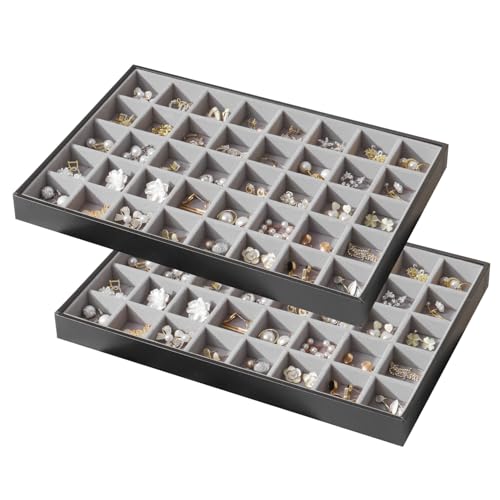 Large Jewelry Organizer Tray for Drawer Inserts 2 Pack | Stackable Jewelry Storage PU Leather Velvet Jewellery Display Case for Earring Bracelet Necklace (Black Gray, 40 Grids) - color: Black Gray, size: 40 Grids