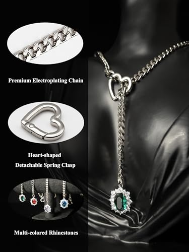 Women's Heart O-Ring Slip Chain Necklace, Double Layered Adjustable 39'' Cuban Chain with Detachable Heart Clasp and Colorful Rhinestone Pendant - color: 25'' Silver-Emerald Green