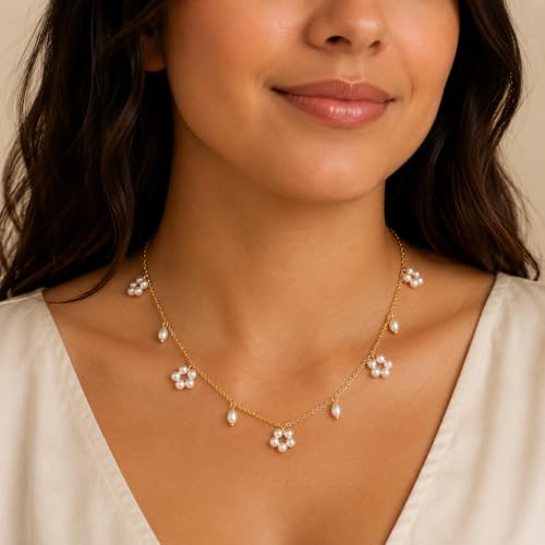 Pearl Necklaces for Women Trendy, Dainty Beaded Choker Necklace, 14K Gold Plated Station Chain, Simple Layering Wedding Prom Jewelry Gift - color: Gold Flower Pearl-1